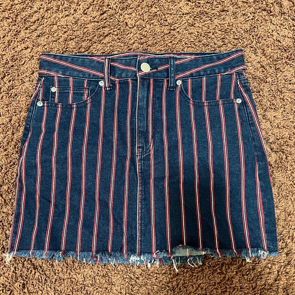 American Eagle Womens Mini Skirt Striped Denim Cotton Hi Rise Raw Hem 6 Blue Red